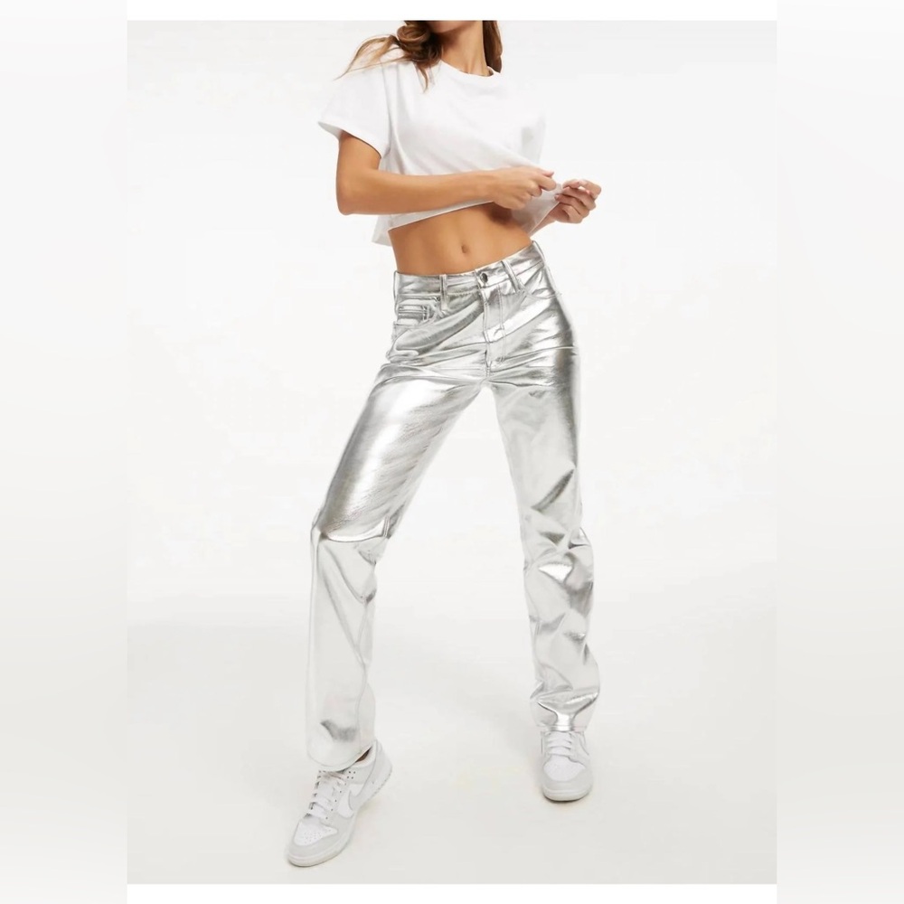 Good American Icon Silver Metallic Faux Leather Pants distressed size 6/28